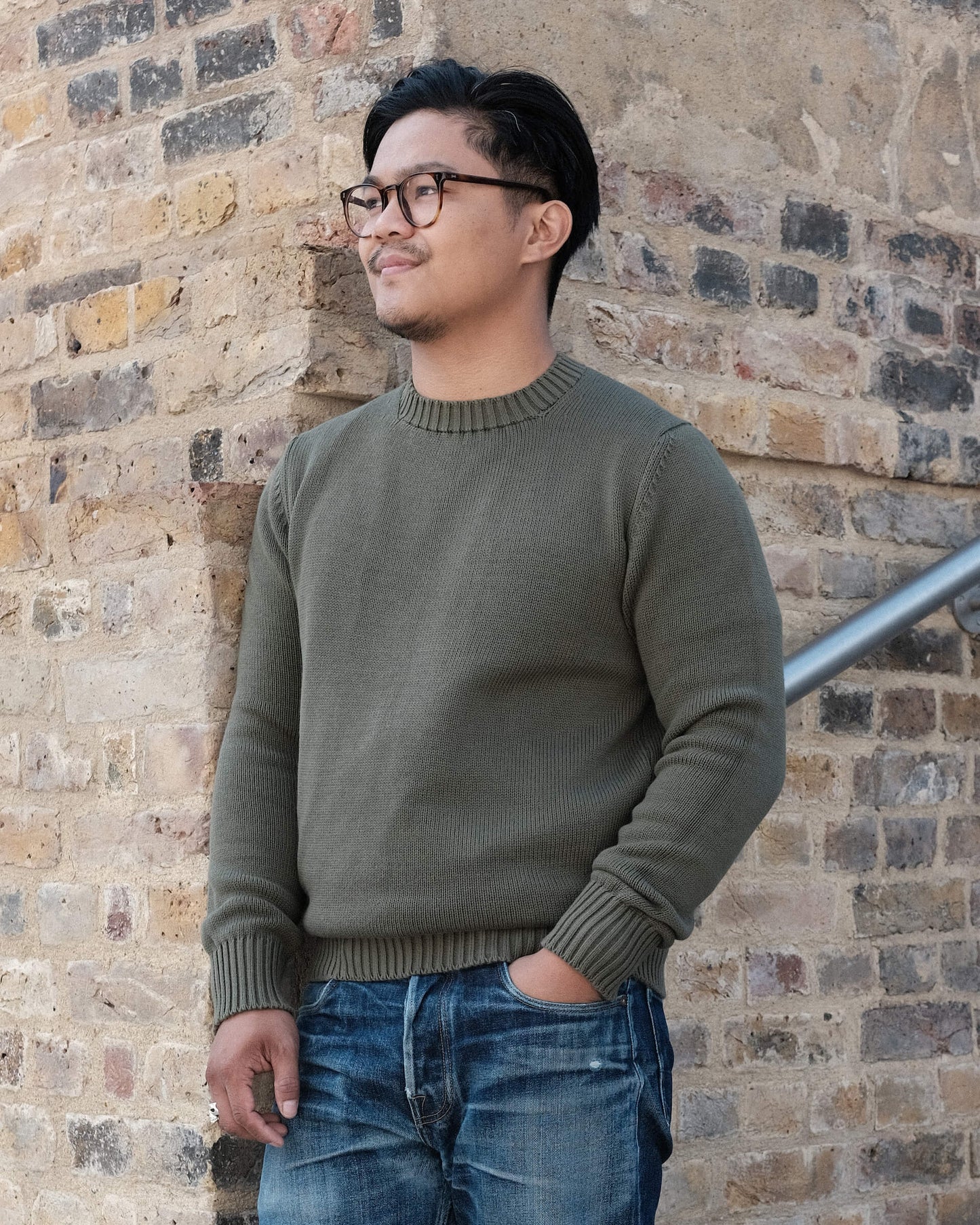 Khaki Green Gullane Cotton Crew Neck