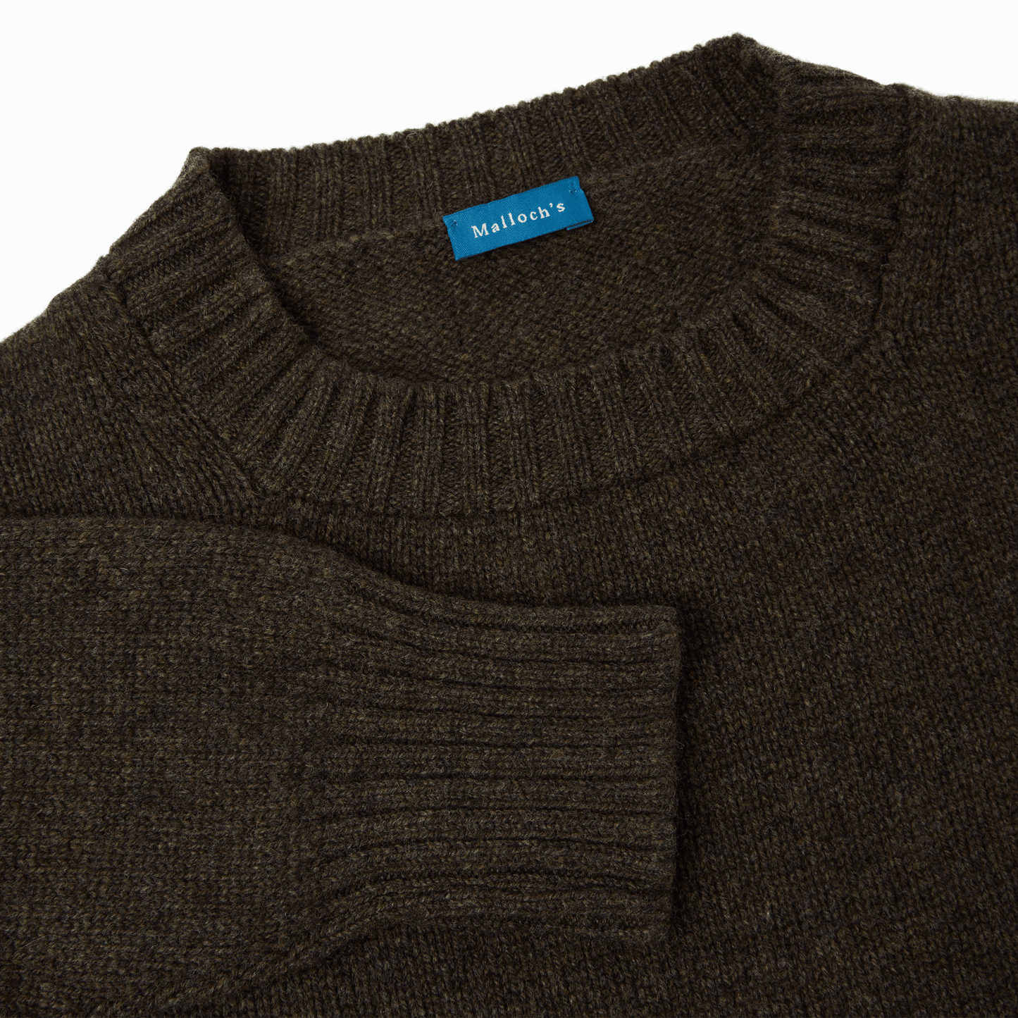Flat lay image close-up neck and cuff detail of brown Dean lambswool crew neck jumper