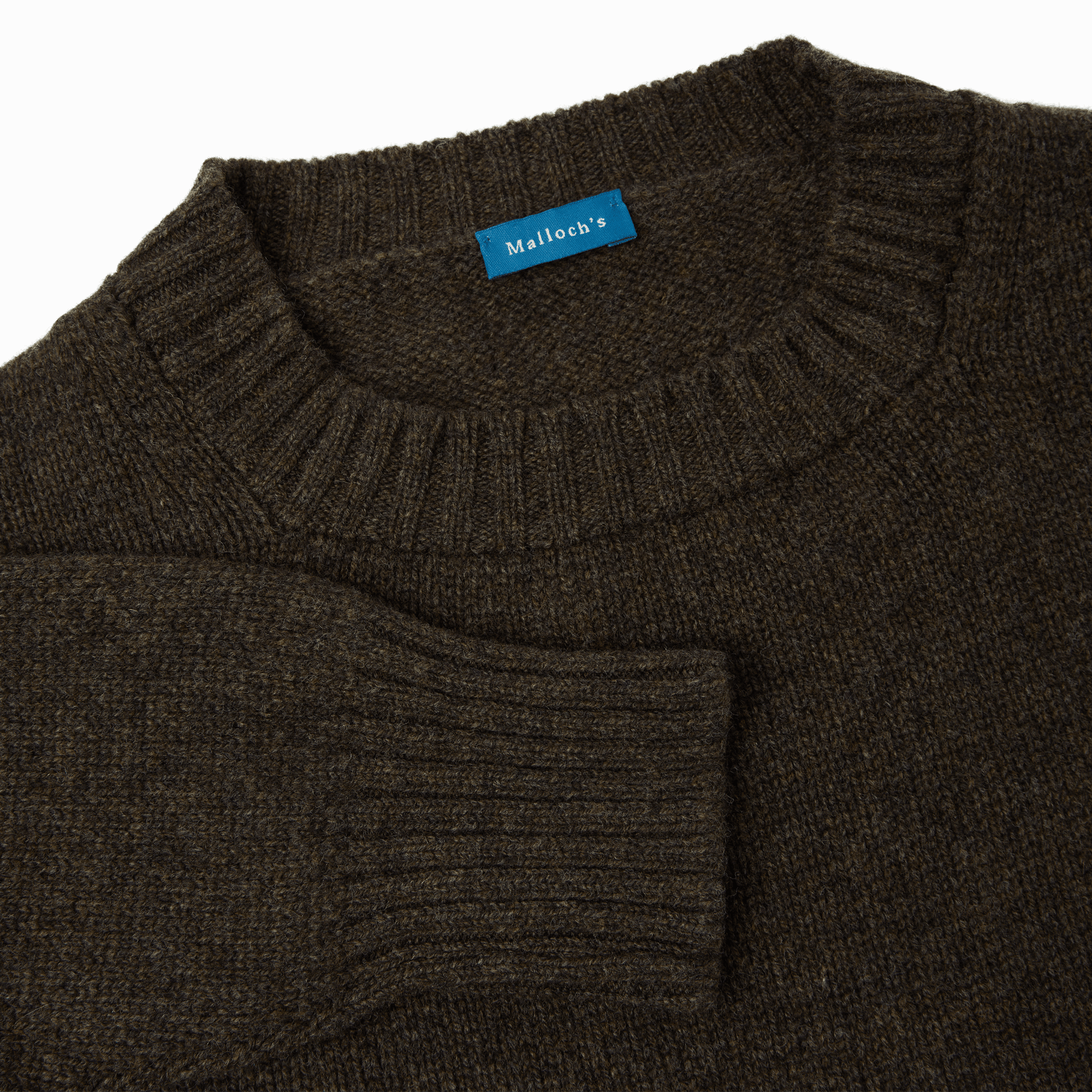 Flat lay image close-up neck and cuff detail of brown Dean lambswool crew neck jumper