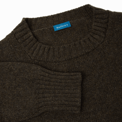 Flat lay image close-up neck and cuff detail of brown Dean lambswool crew neck jumper