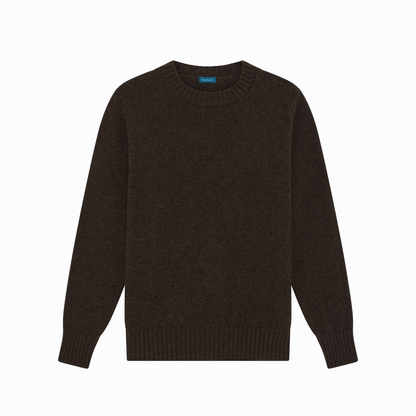 Flat lay image of brown Dean lambswool crew neck jumper